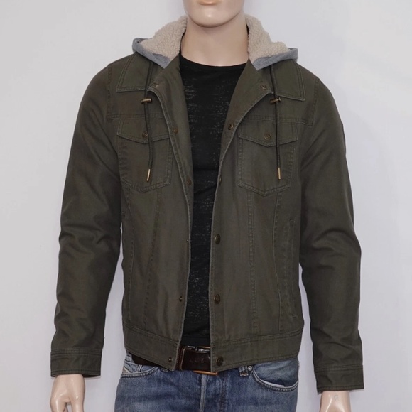 Guess Hooded Jacket in Olive Size Medium Snap-Button Front 100% Cotton - Used - Picture 1 of 13